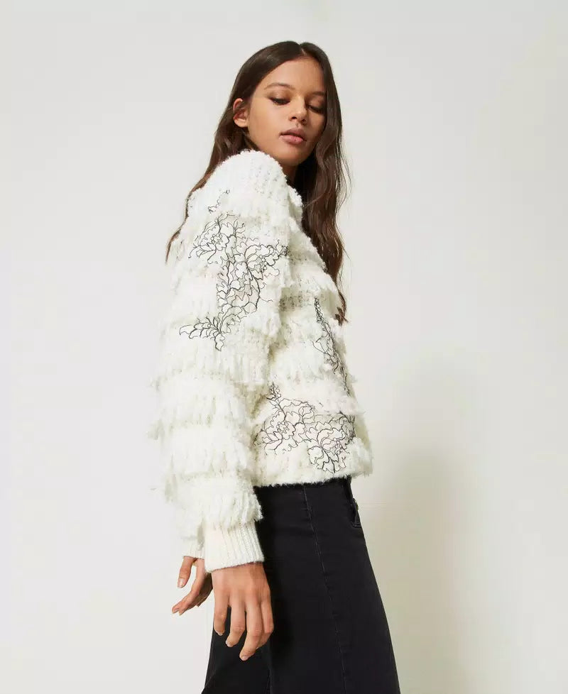 Twinset Knit Jacket With Fringes and Lace