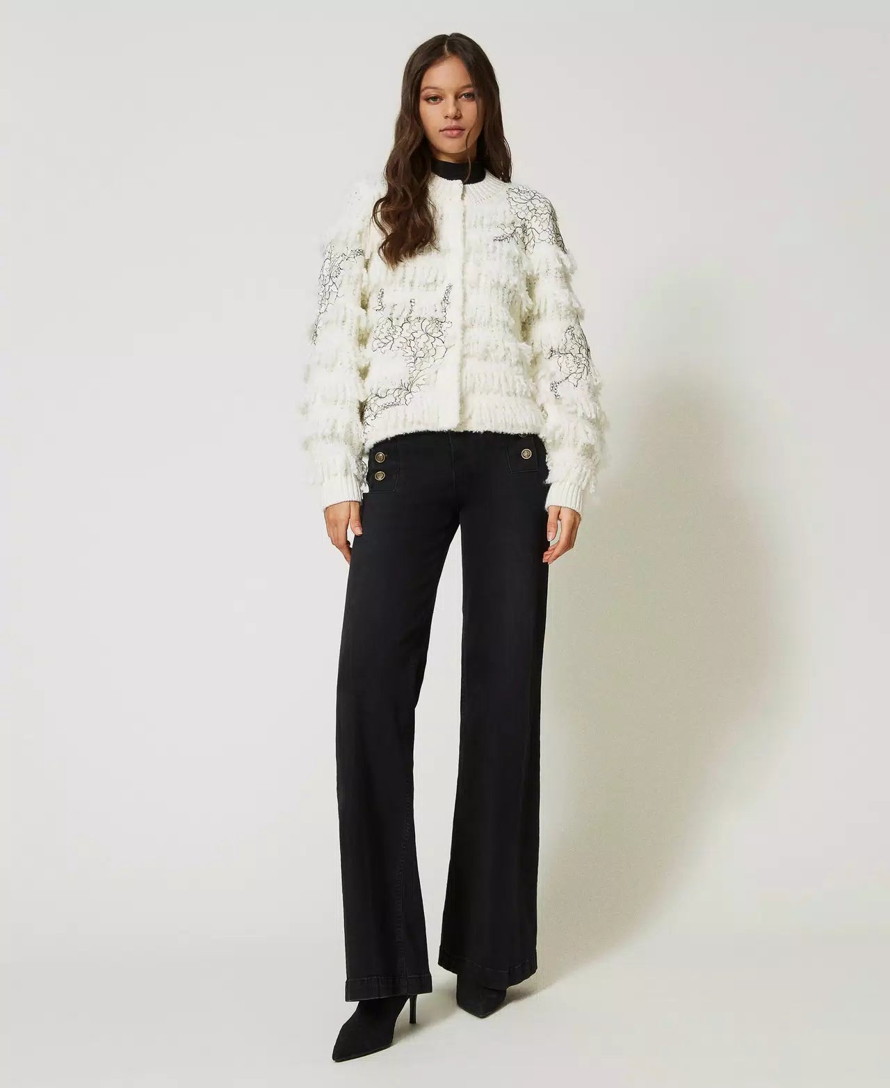 Twinset Knit Jacket With Fringes and Lace