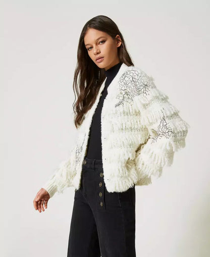 Twinset Knit Jacket With Fringes and Lace