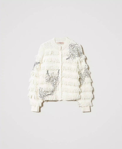 Twinset Knit Jacket With Fringes and Lace