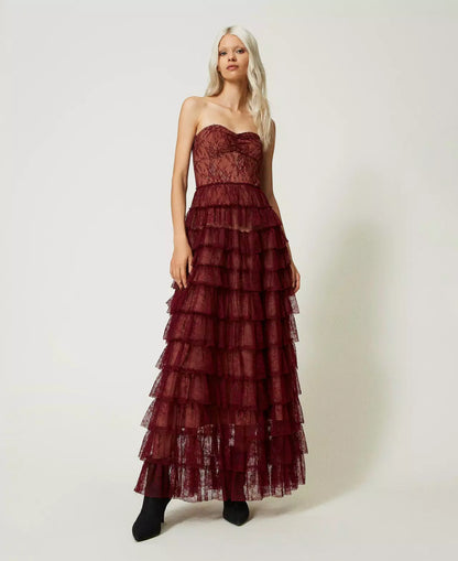 Twinset Chantilly Lace Bustier Dress Cabernet Red