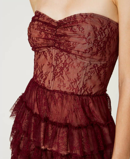 Twinset Chantilly Lace Bustier Dress Cabernet Red