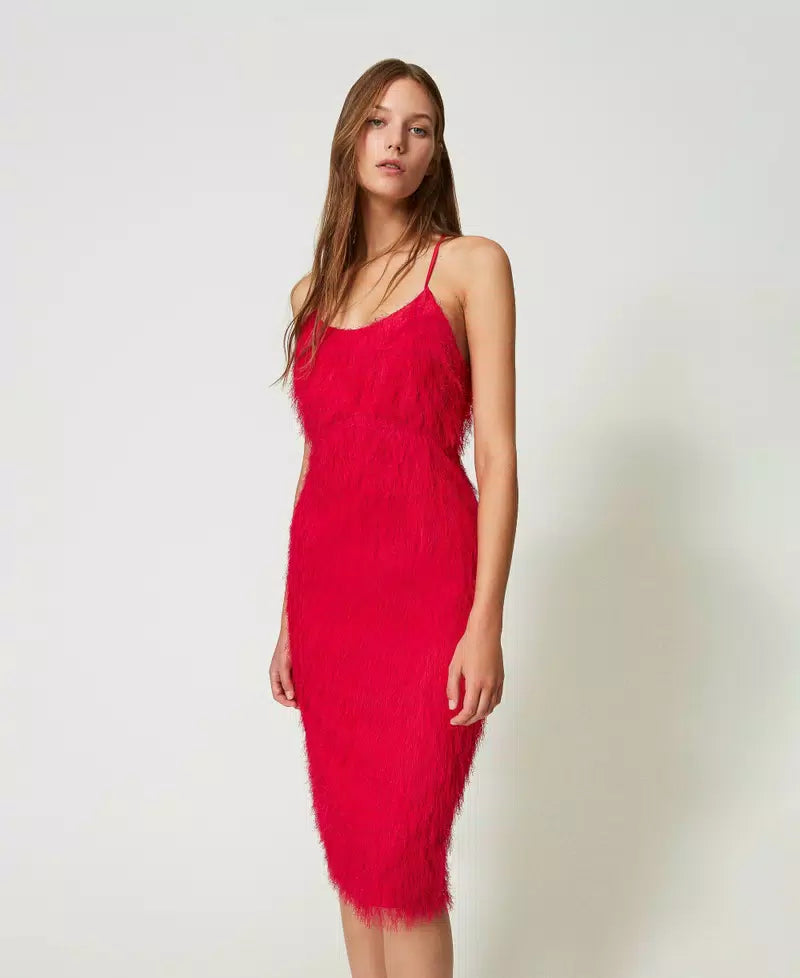 Twinset Midi Feather Dress Bright Rose