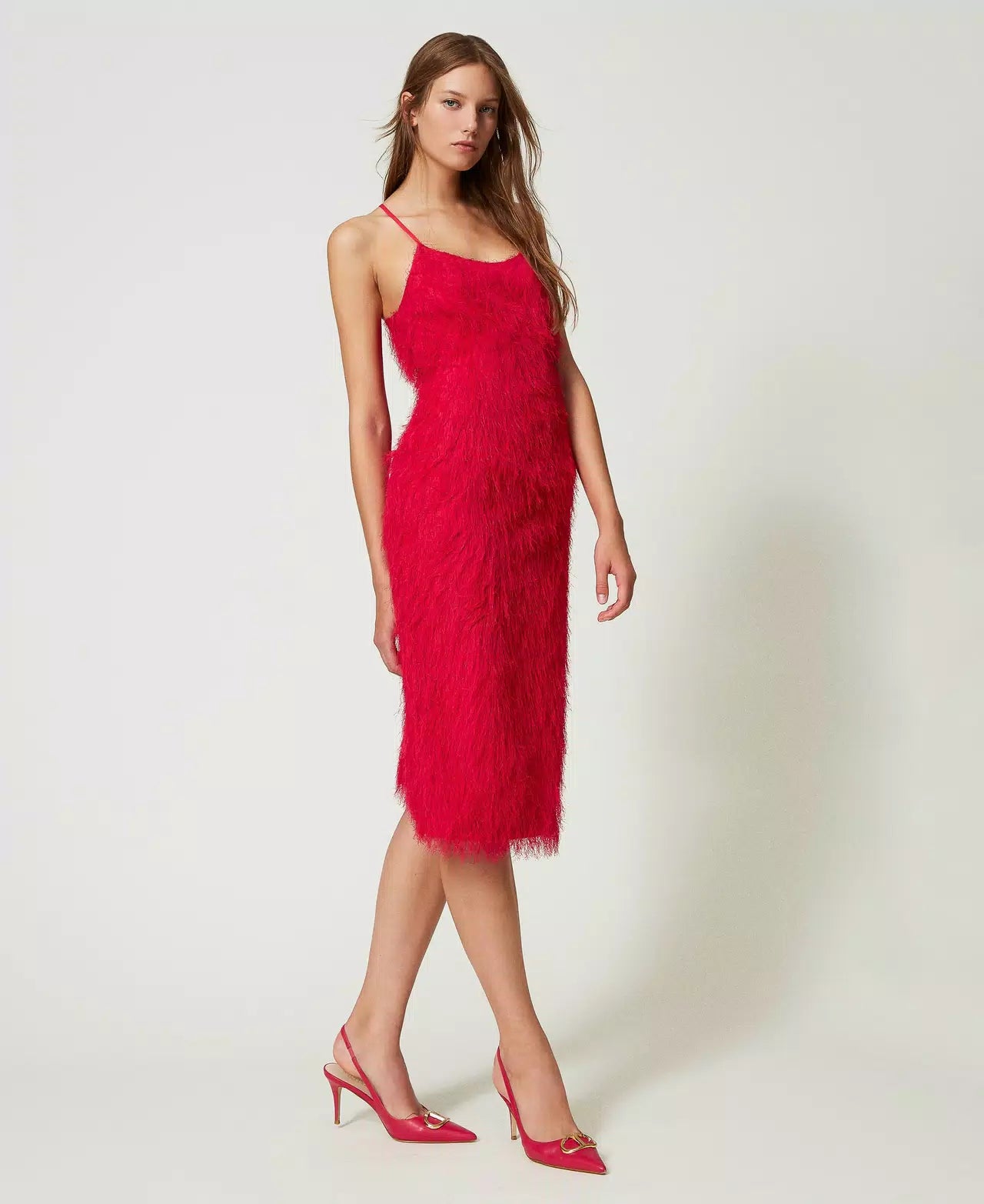 Twinset Midi Feather Dress Bright Rose