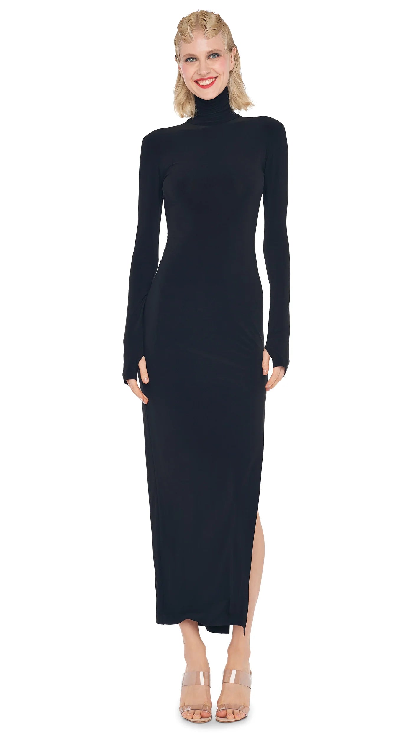 Norma Kamali Long Sleeve Turtleneck Side Slit Gown Black