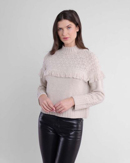 Alashan Rose Bud Fair Isle Fringe Sweater Stone