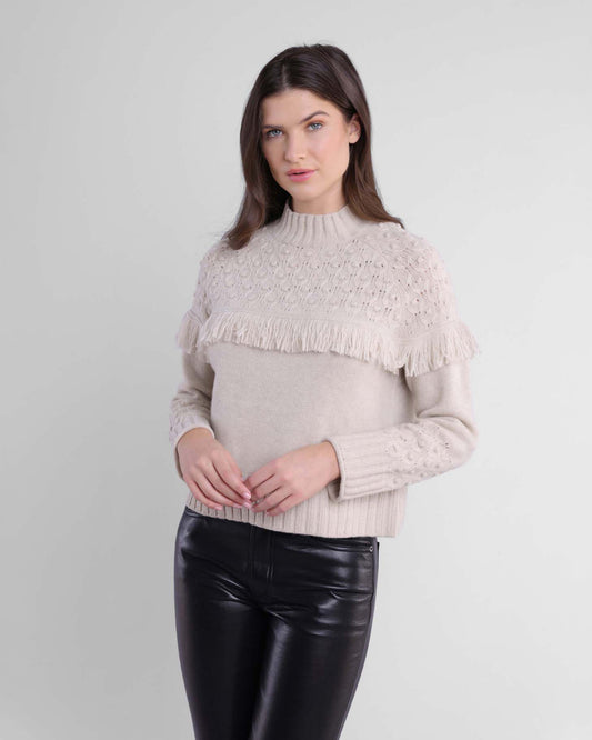 Alashan Rose Bud Fair Isle Fringe Sweater Stone