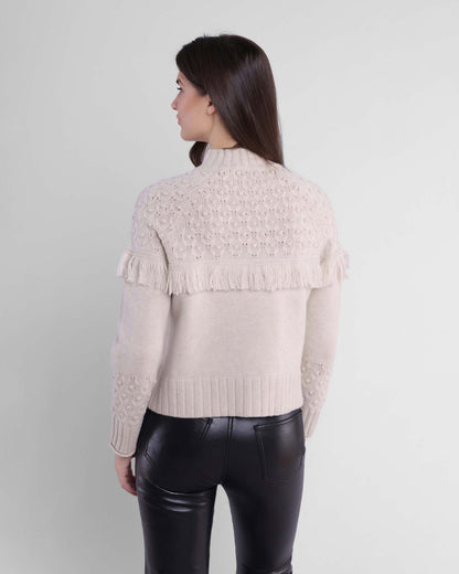 Alashan Rose Bud Fair Isle Fringe Sweater Stone