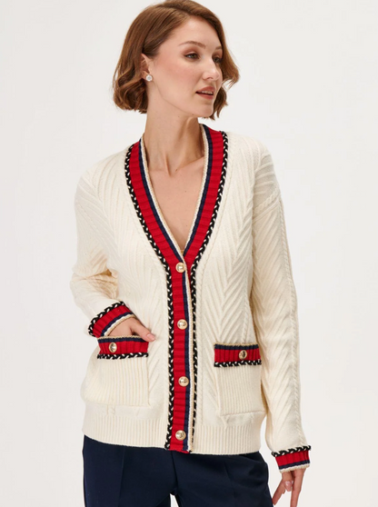 Cream and Red Cable Knit Cardigan - JOINUS