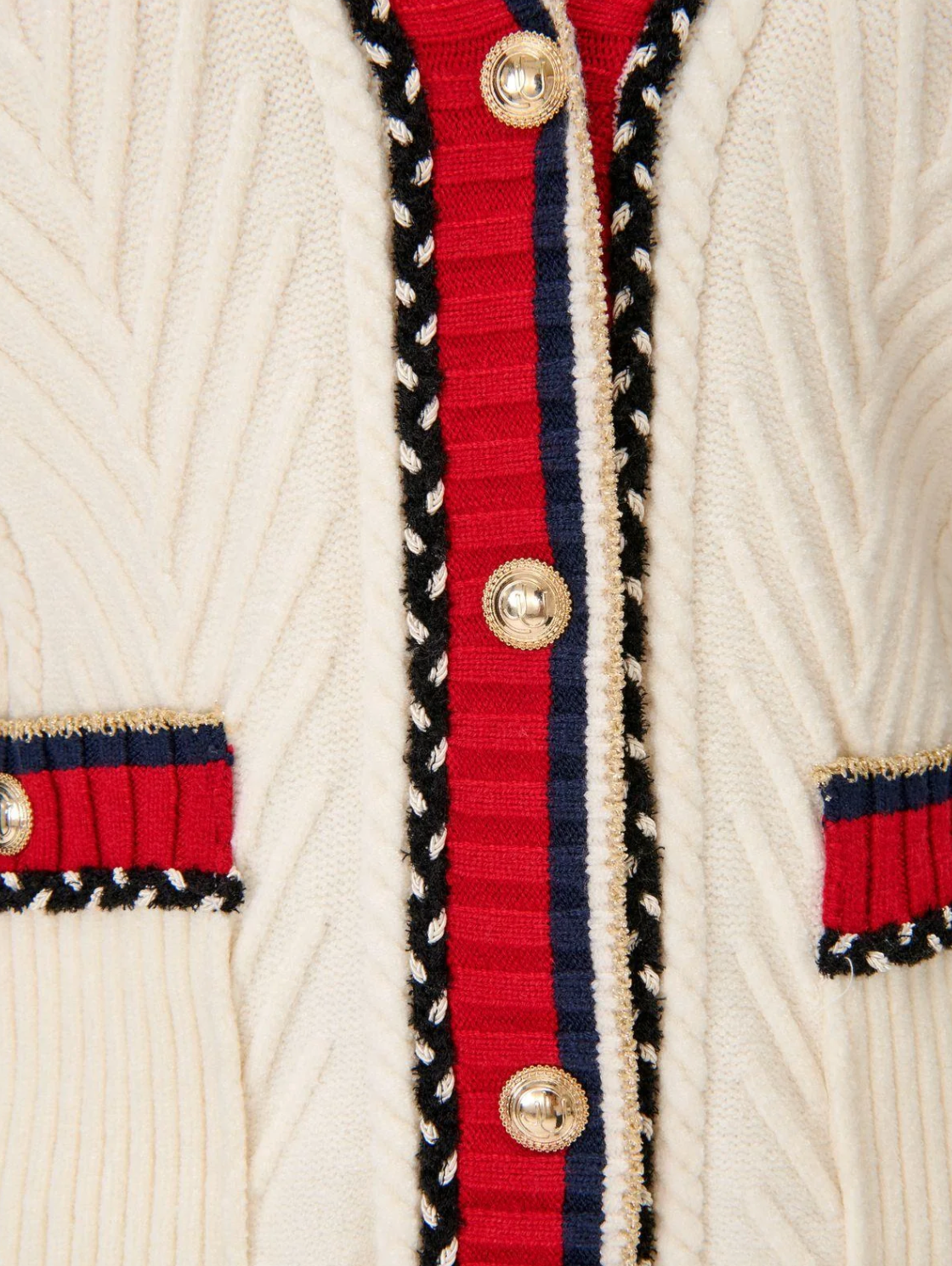 Cream and Red Cable Knit Cardigan - JOINUS