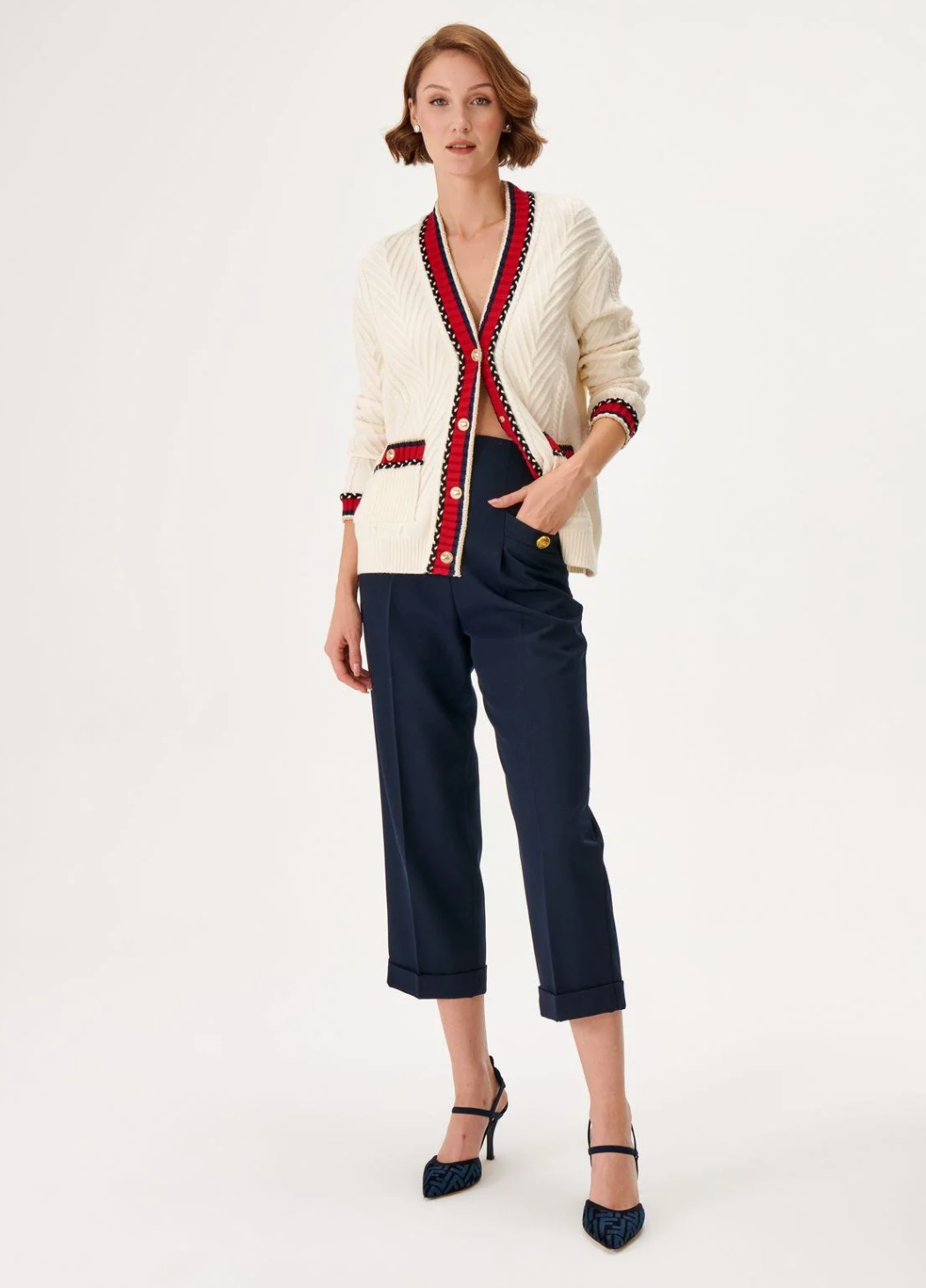 Cream and Red Cable Knit Cardigan - JOINUS