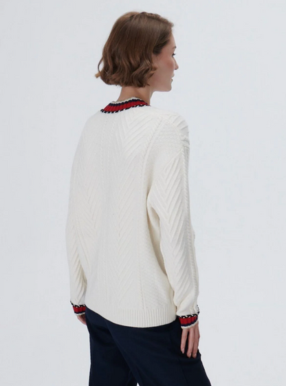 Cream and Red Cable Knit Cardigan - JOINUS