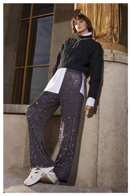 Seductive Grey Sequins Straight Leg Trousers